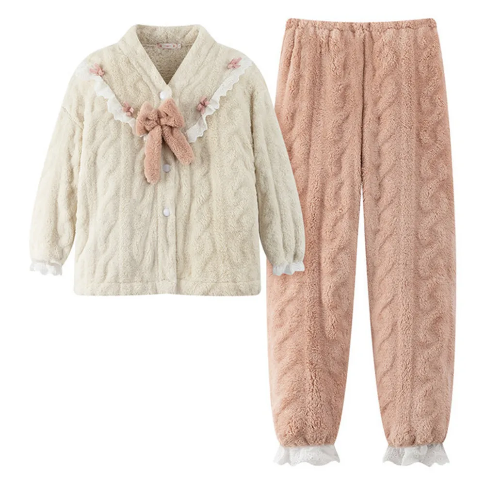 

Утепленная Домашняя одежда Fdfklak из бархата и кораллового флиса, одежда для сна, зимние брюки с длинным рукавом, женские пижамы, 2 шт., одежда для сна