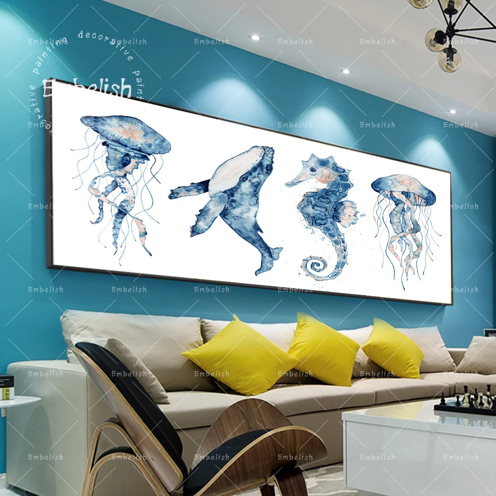 1 шт. акварель рыба медуза Кит морская лошадь фотообои для гостиной искусство на