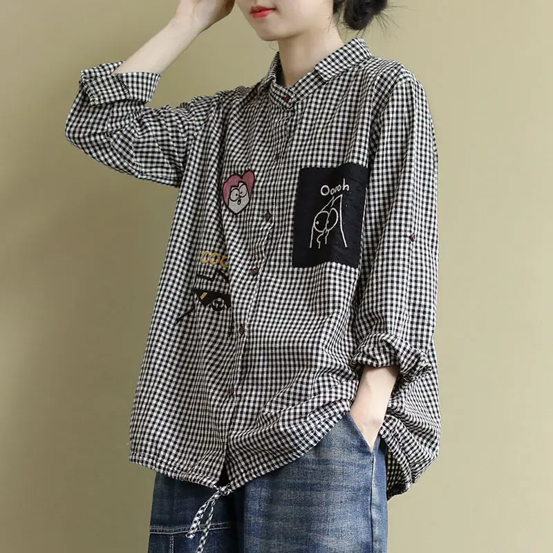

Spring New Arts Style Women Long Sleeve Loose Shirts all-matched Casual Plaid Turn-down Collar Blouses Blusa Feminina