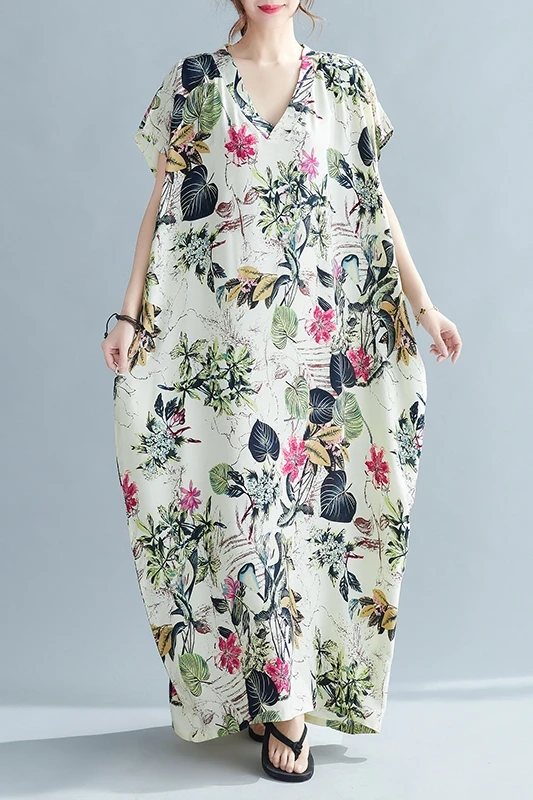 

COIGARSAM National Wind Print Women dress New Summer Loose V-Neck Dresses 9353
