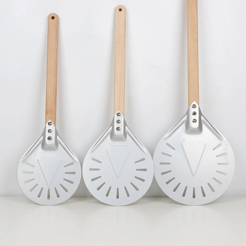 

7'' 8'' 9'' Aluminum Alloy Pizza Turning Peel Round Head Wooden Long Handle Pizza Shovel Perforated Pizza Paddle Baking Tools