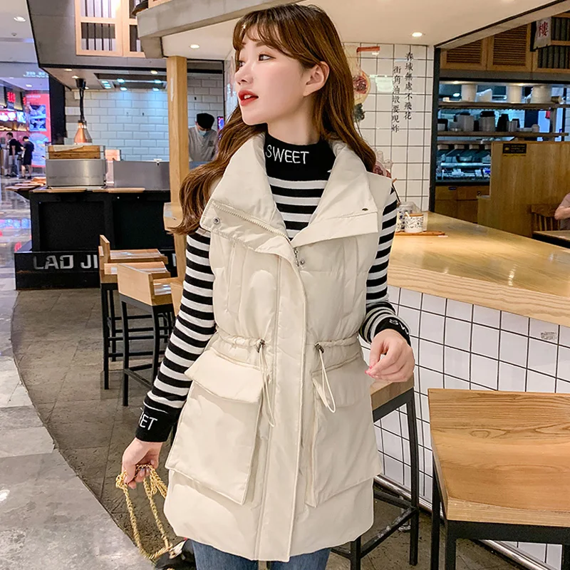 Женские зимние жилеты 2020 осенний длинный жилет с воротником стойкой и большими