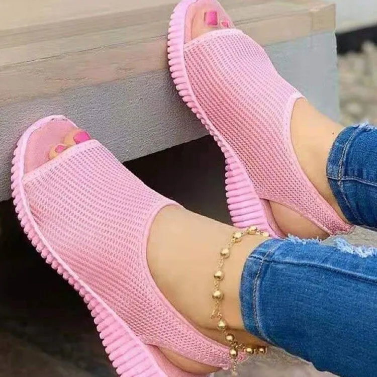 

2021 Women's Fashion Casual Pure Color Knitted Mesh Printed Flat-Bottom Comfortable Trend All-match Summer Sandals