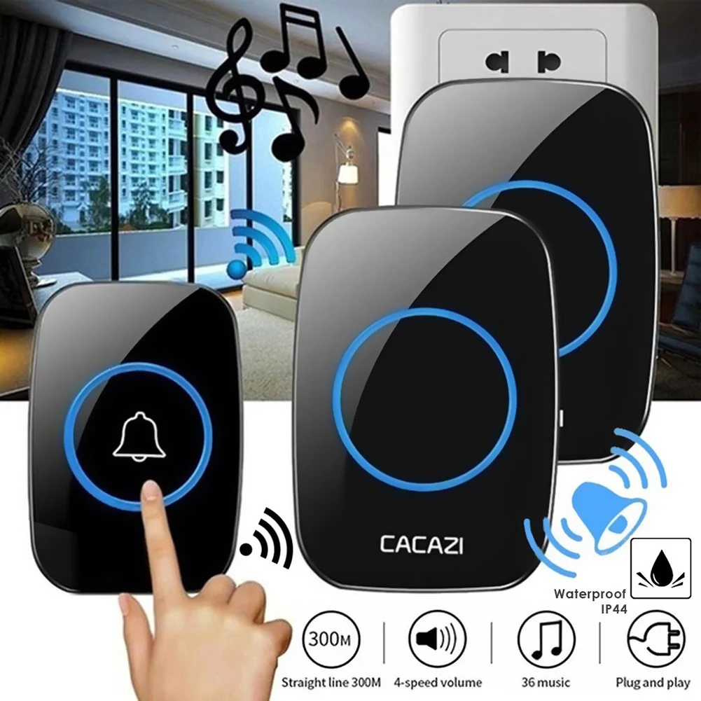 

Wireless Doorbell Waterproof Door Chime 36 Melodies 4 Volume Levels Plug-In Receiver Battery Operated Transmistter 300m Range