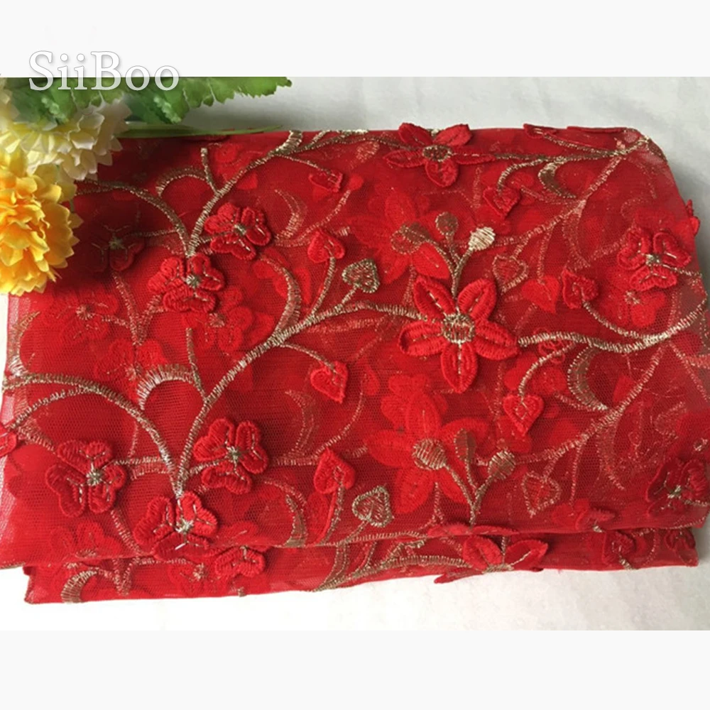 Красный Тисненый Цветочный вышитый сетчатый кружевной материал одежда для