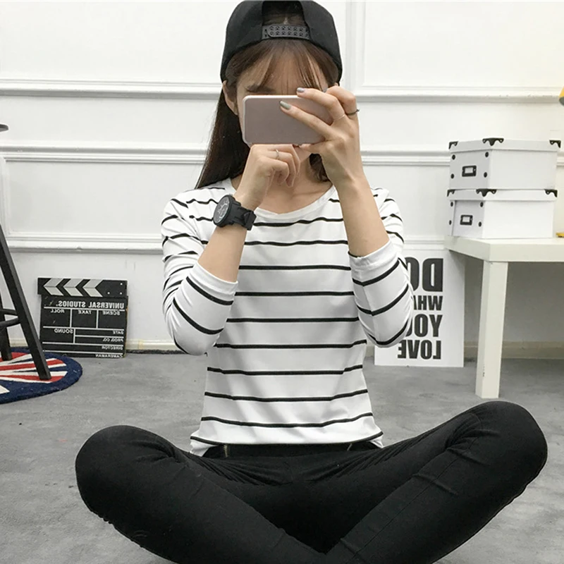 

T-Shirt Women 2021 New Autumn Long Sleeve O-Neck Striped Female T-Shirt White Casual Basic Classic Tops