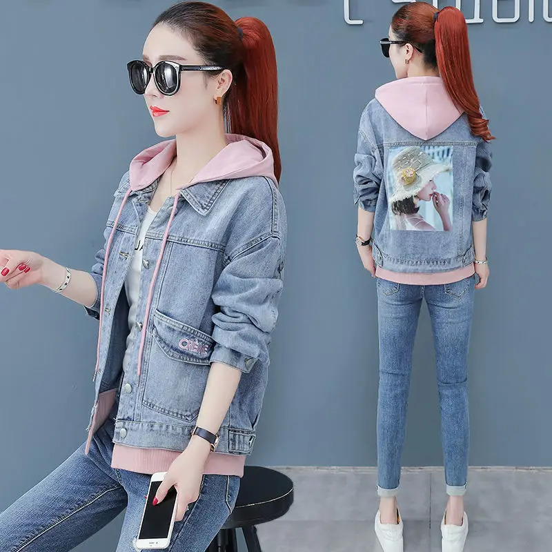 

Spring Autumn Casual Denim Short Jacket Women 2022Students New Embroidered Overwear Hooded Denim Coat All-Match Jacket Female191