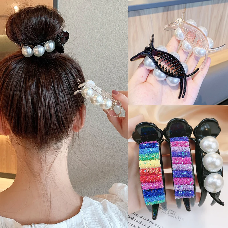 

Hair Claw Pearl Plastic Acrylic Ponytail Hair Clamp Grab Clips Hairpin Woman Hair Accessories For Girls