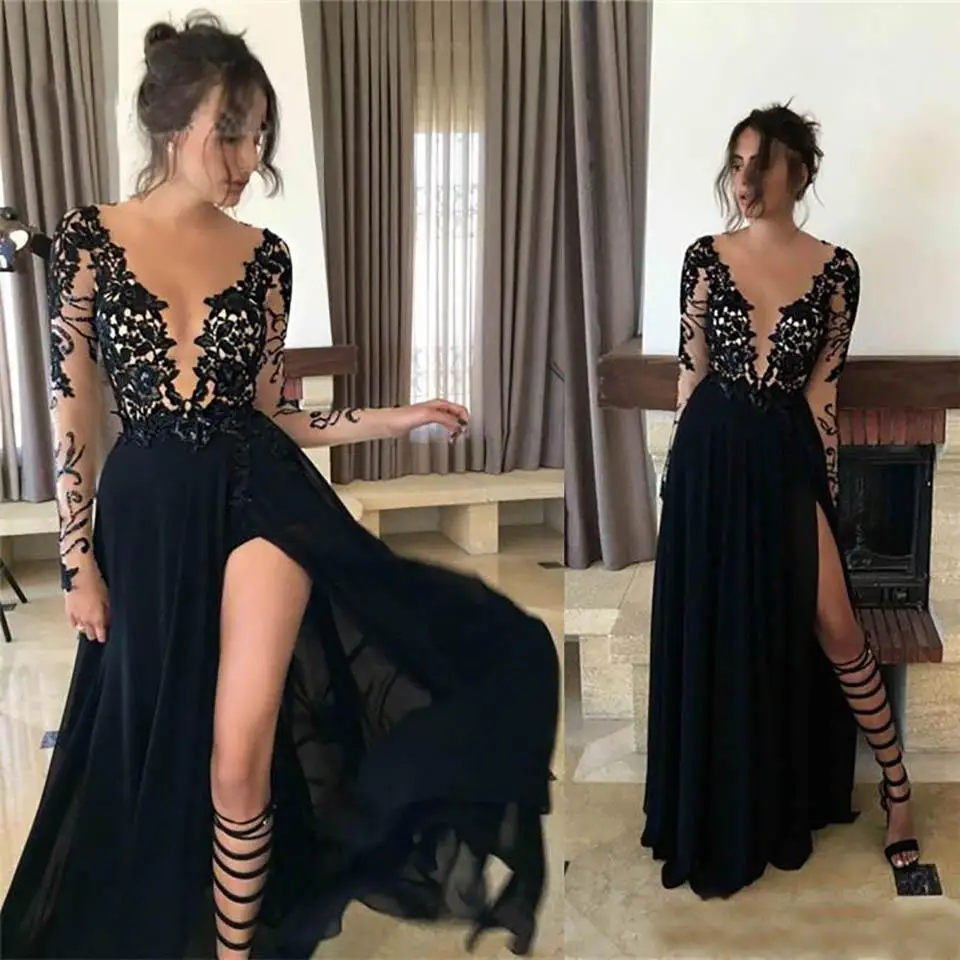 

New Sexy Sheer Neck Black Long Sleeves Prom Dresses Chiffon Appliques Lace Side Split Formal Evening Party Gowns
