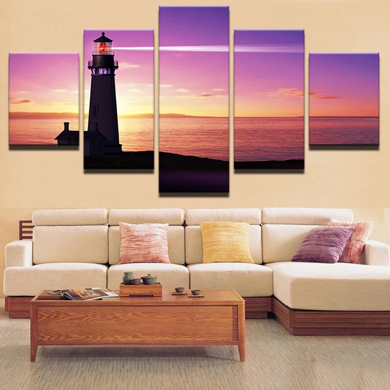 

Printed Modular Picture 5 Panel Lighthouse Large Canvas Painting For Bedroom Living Room Home Seaview Landscape Wall Art Decor