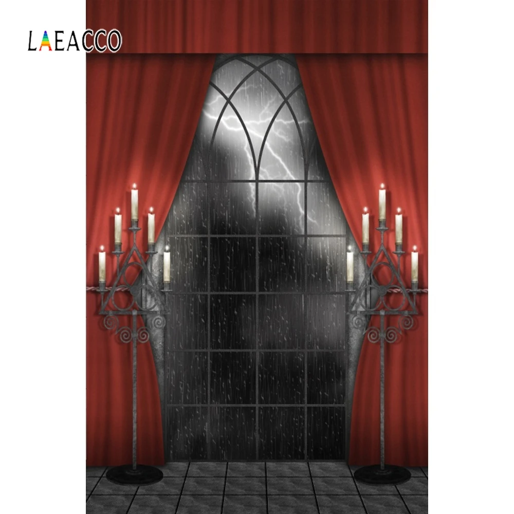 

Laeacco Haunted House Window Thunderbolt Candle Curtain Portrait Photography Backgrounds Photographic Backdrops For Photo Studio