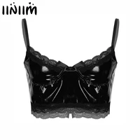 iiniim mens gothic patent leather crop top summer punk sissy lace trim bowknot sleeveless vest tops for rock concert clubwear
