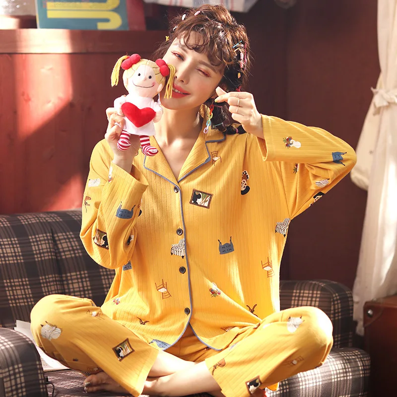 

2021Spring and Autumn New Women Pajamas Long Sleeve Cardigan Pajamas Home Service Sleepwear Pijamas Women Sleep Tops Night Gown