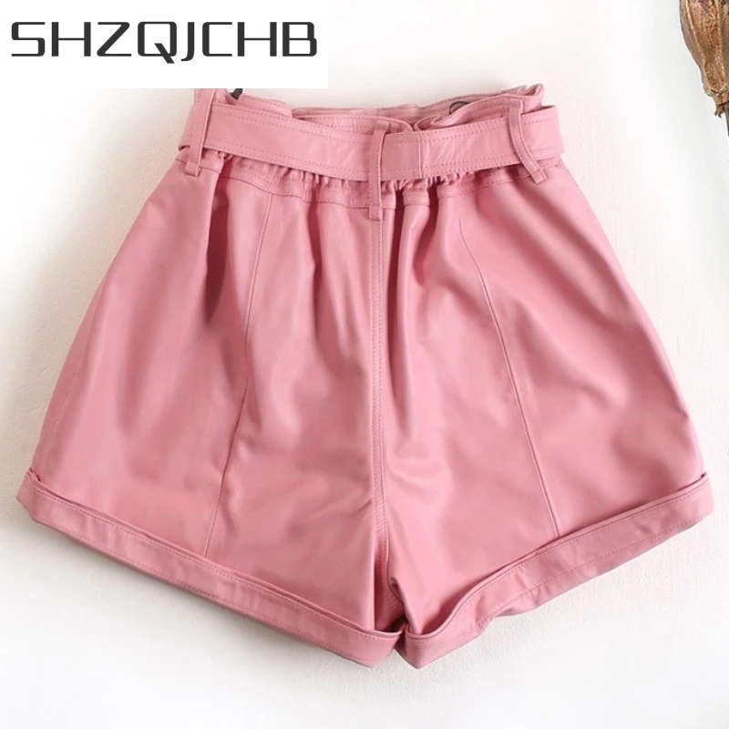 

JCHB 2021 Pink Genuine Leather Shorts Women Casual Elastic High Waist Wide Leg A-Line Shorts Autumn Winter Pocket Loose Sheepski