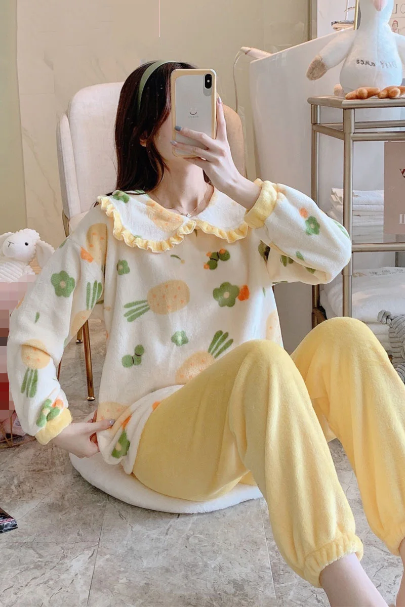 

ITOOLIN Pijamas Sleepwear Women Sleep Tops & Pajama Pants Two Piece Bedroom Sets Coral Fleece Autumn Winter Warmth Cute Clothes