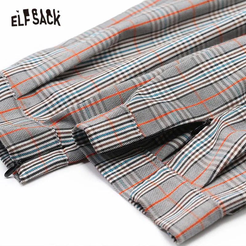 ELFSACK серые клетчатые повседневные женские штаны-шаровары осенние прямые офисные женские штаны для ежедневной носки с карманами на молнии