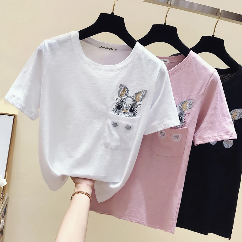 pocket short-sleeved T-shirt Women Korean T shirt Cute bunny embroidery O-neck Tee shirt Female Tops 2021 Slub cotton Tshirt New