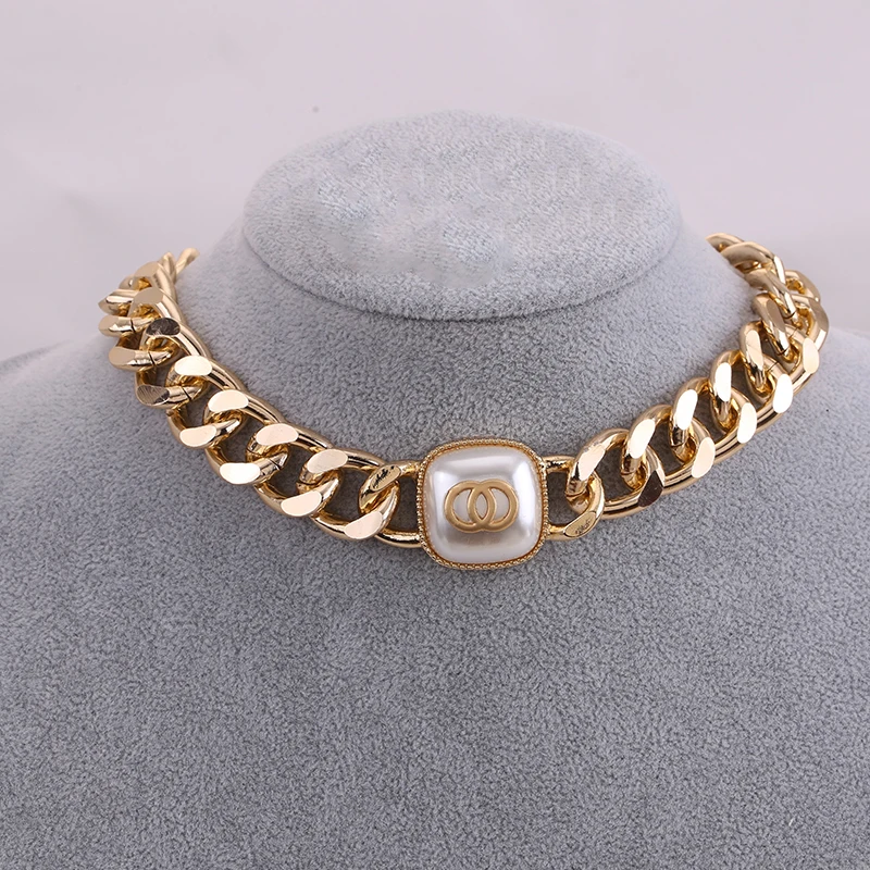 

Punk Miami Choker Necklace Collar Pearl Statement Necklace For Women Big Choker C Brand Aluminum Thick Chain Women Jewelry