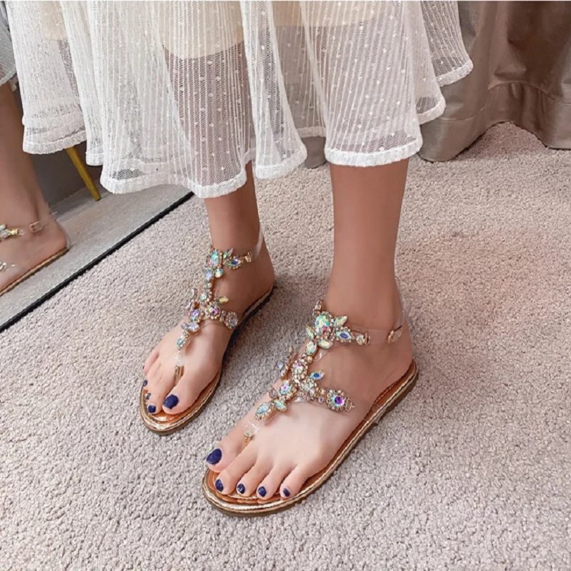 

My-Love 2020 Colorful Rhinestones Chains Flat Sandals Thong Crystal Flip Flops Sandals Gladiator Sandals Plus Size