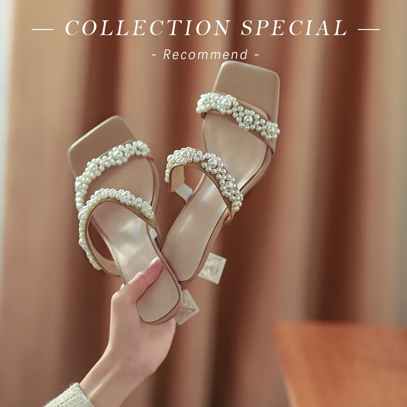

Women slippers natural leather Korean plus size 22-26cm full leather Pearl chain strap slippers Summer Shoes Crystal heel shoes