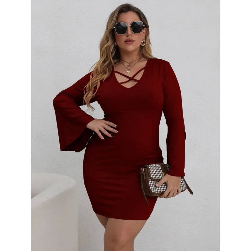 

Hollow Out V-Neck Sexy Party Dress Plus Size Women Long Sleeve Autumn Witer New Bodycon Mini Dresses Lady Package Hip Vestidos