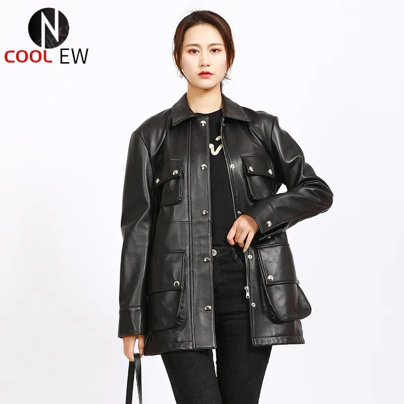 

Women Bikers Genuine Leather Jacket Multi Pockets Belted Autumn Windbreaker Coat Ladies Slim Fit Punk Natural Sheepskin Jackets