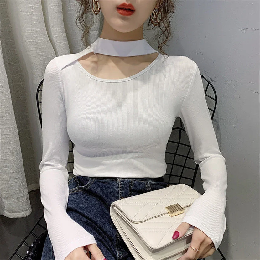 

Bottomed Long Sleeve Sexy T Shirt T-shirt Women Tshirt New Autumn Winter Hanging Neck Exposed Collarbone Top Slim Fit Vogue Tees