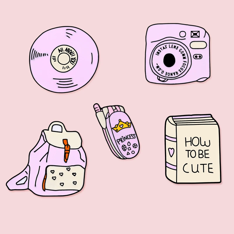 Lapel Pins Brooch Cute Pink Pin Mobile Phone Camera Book Brooches Enamel Icon for Jackets Button Metal Badge Backpack Jewelry