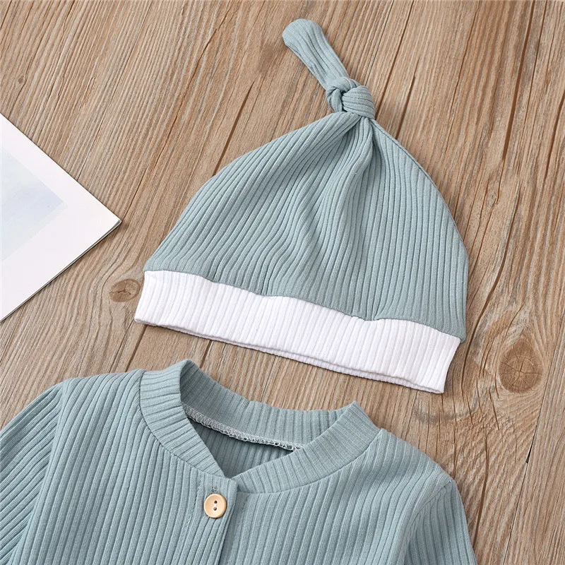 

2020 Toddler Baby Color Block Pocket Rompers and Hat, Long Sleeve Cotton Button Jumpsuit Clothes for Girls Boys 0-24M