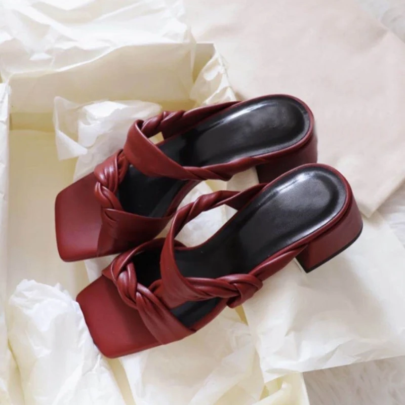 FITWEE Women Sandals Shoes Fashion Square Heels Designer Solid Color Good Quality Slip On Footwear Size 34-40 | Обувь