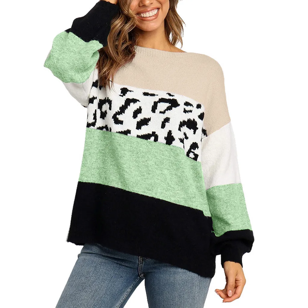 

Women's Casual KnittedSweater Leopard Print Color-blocking Pullover