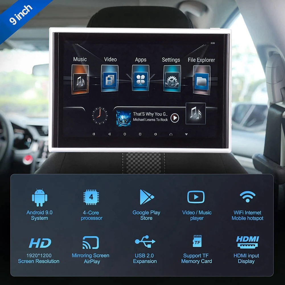 Headrest Monitor 9 Inch Car Media Video Player for Auto TV Touch Screen Support 4K 1080P Headset WiFi/Bluetooth/Gamepad | Автомобили и
