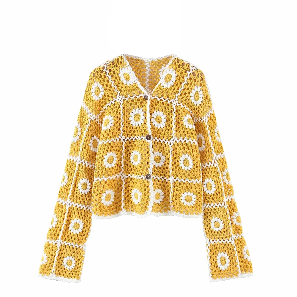 Cropped Knit Cardigan Sun Protection Sweater crochet Jersey mesh fabric Outerwear Handmade Sunflower Knitted Hollow Out coat