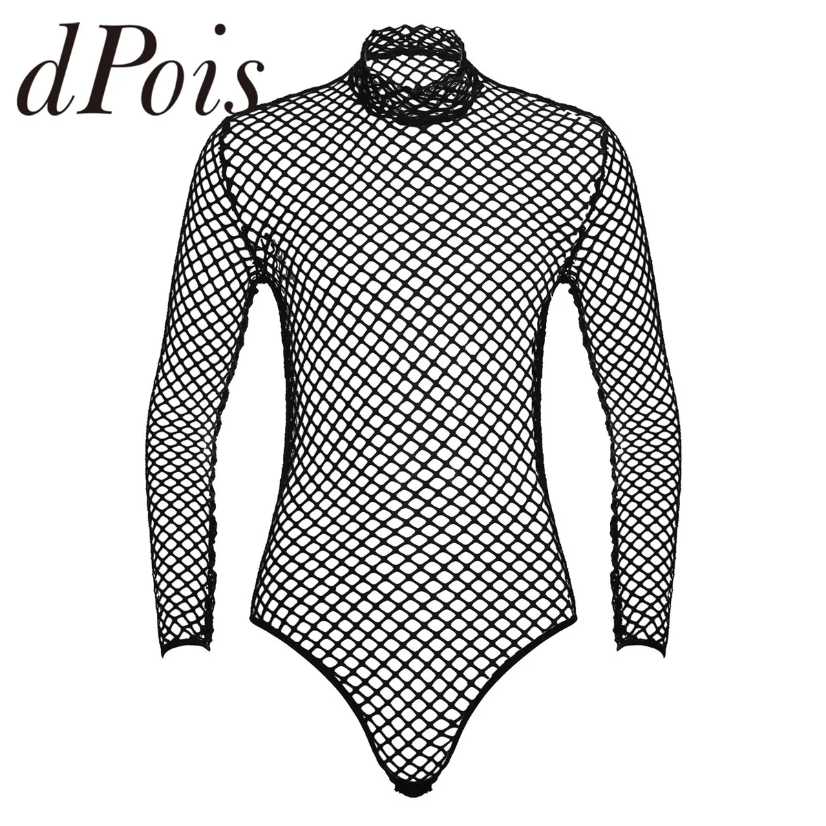 

Мужской сексуальный прозрачный трико с имитацией шеи и длинным рукавом, Сетчатое боди