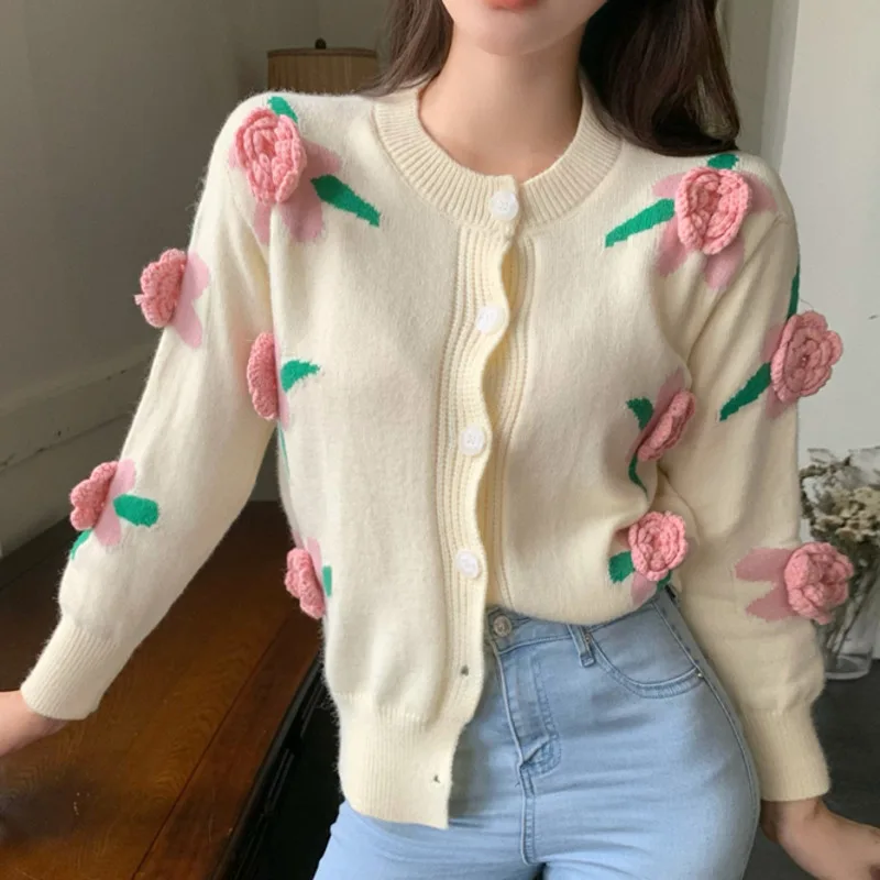 

Женский винтажный кардиган с цветочной 3D вышивкой, Свободный Повседневный свитер с круглым вырезом и длинным рукавом, Осень-зима 2021