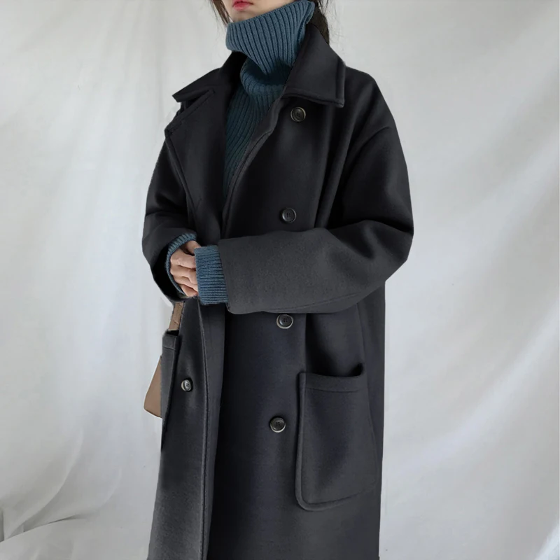 

Korean Style Long Woolen Overcoat 2020 Autumn Winter Warm Solid Color Women Coats Double Breasted Chic Loose Female Clothing