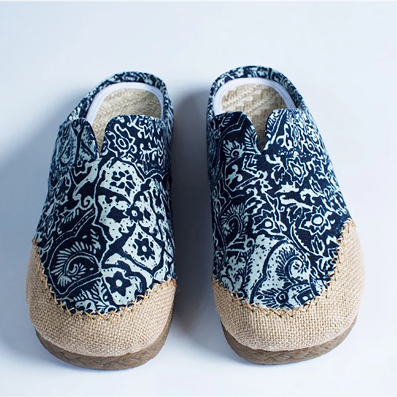 Unisex Handmade Fisherman shoes Comfortable Linen Loafers Zapatillas Blue Porcelain Floral Casual Breathable Flats Sapatos