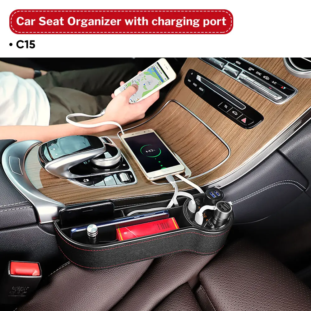With Charging Port Deelife органайзер для автомобильных сидений, зазор, карман из искусственной кожи, щелевая коробка для хранения с 2 USB зарядным устройством, авто Универсальный для водителя пассажира - Название цвета: With Charging Port