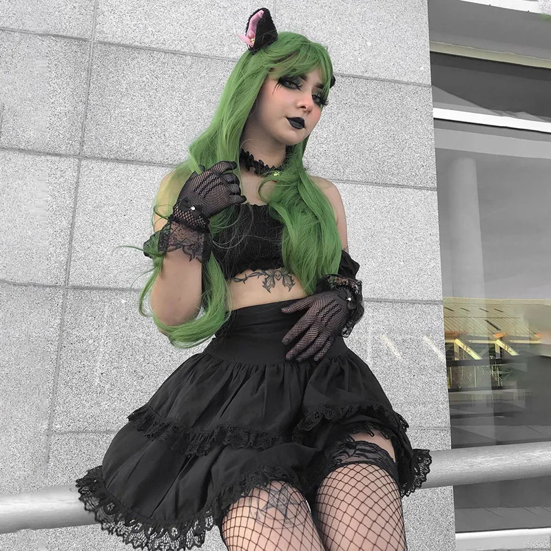 

90s E-girl punk cute girls suspender skirt two piece set sexy short navel camisole and Gothic Black Mini Pleated skirt y2k sets