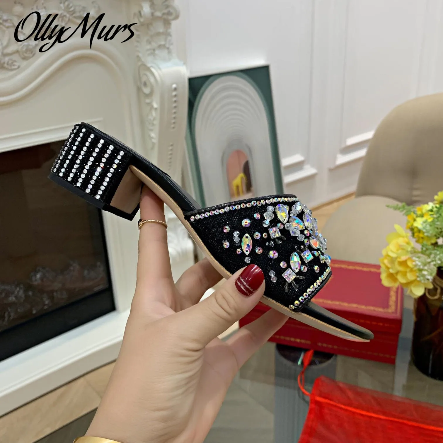 

Ollymurs New Fashion Runway Sexy Lace With Crystal Embroidery Luxury Brand Slippers Open Toe Thick Heel Slides Shoes Women