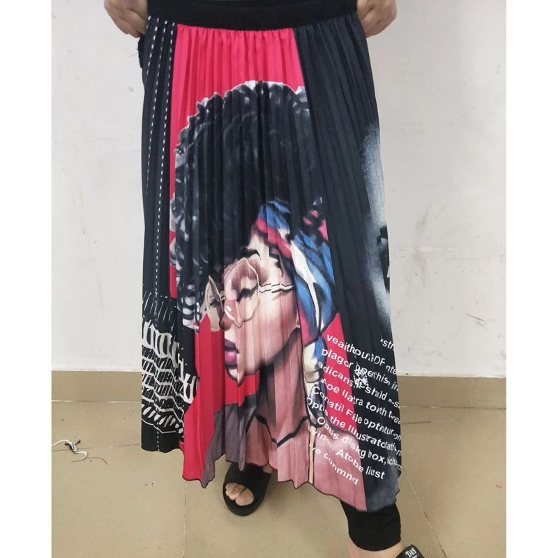 X Fashion Skirts Womens Cartoon Explosion Head Beauty Print Pleated Skirt High Waist Personality Maxi Elastic A-line | Женская одежда