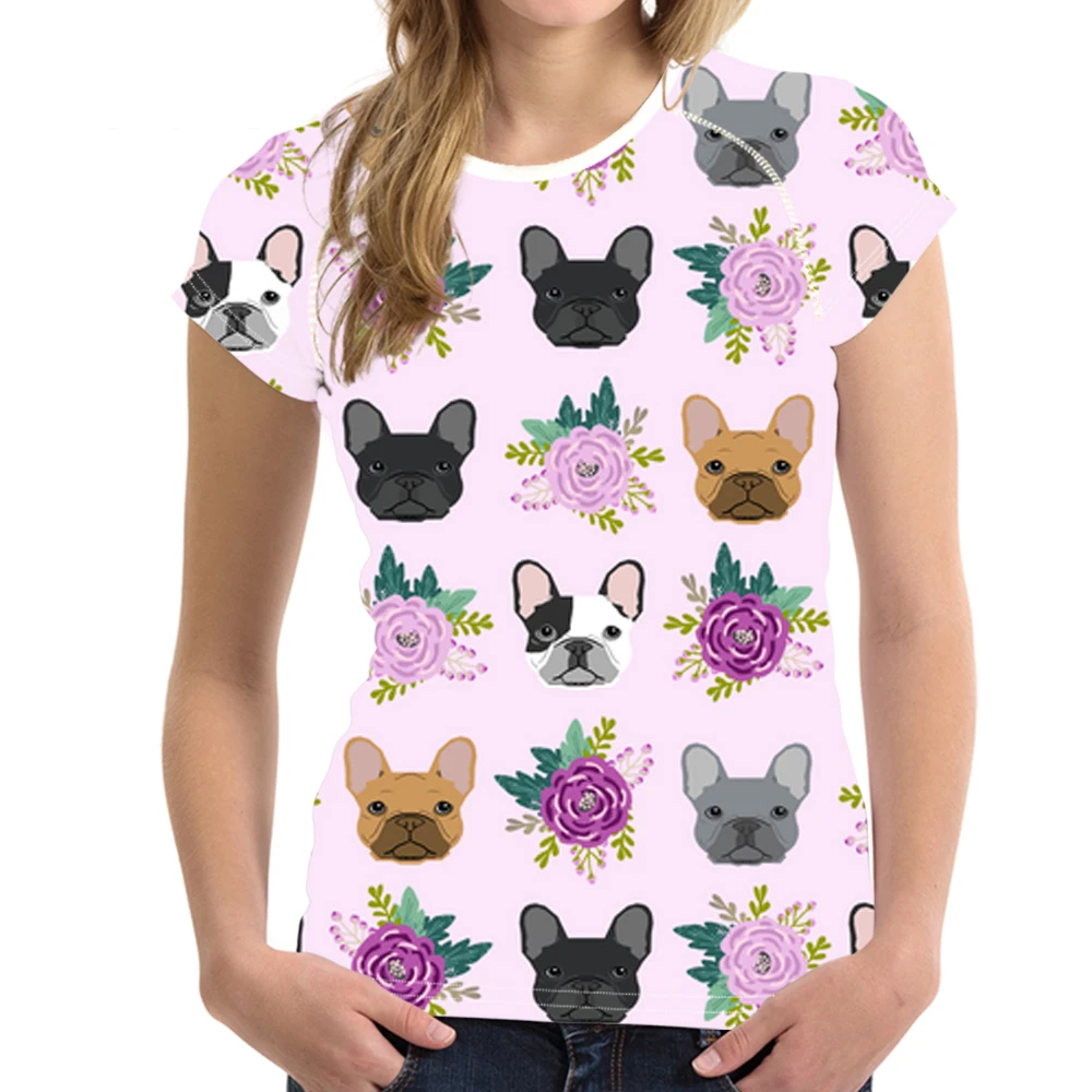 

Женская футболка с рисунком французского бульдога, футболка с цветочным принтом, топы с милым рисунком щенка для подростков, одежда, футбол...