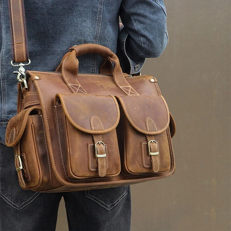 Vintage Crazy Horse Genuine Leather Men Briefcase 15