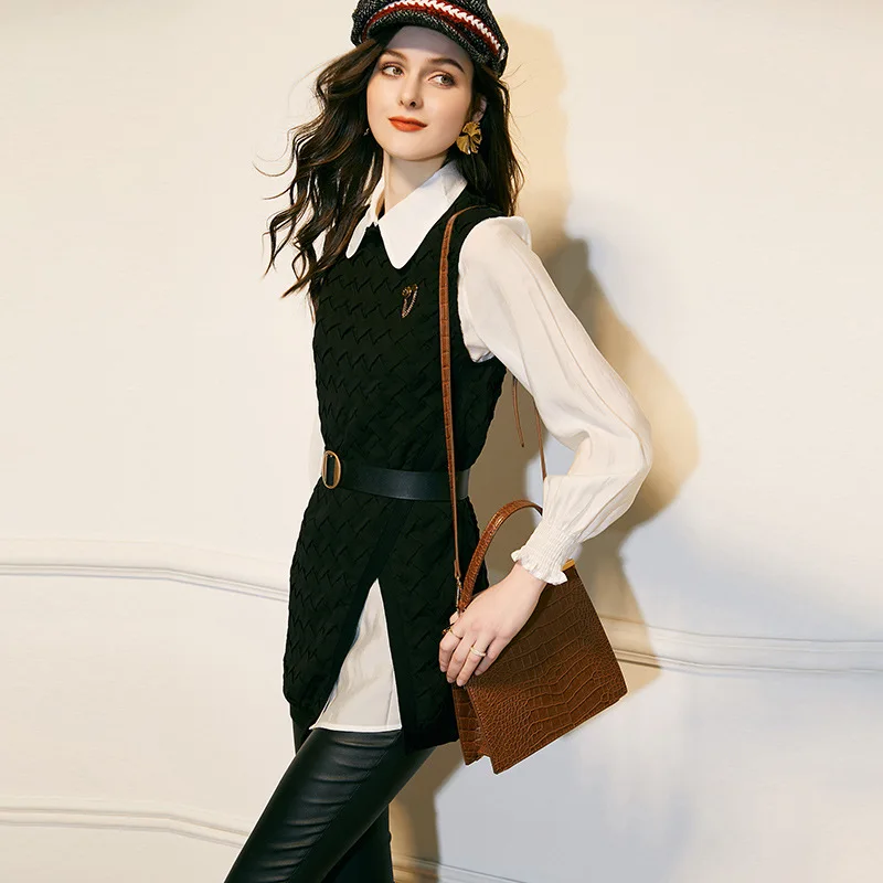 

2021 Spring Elegant Fashion High End Net Red Baby Collar Long White Shirt Crop And Split Vest Dress Suit Women 2 Piece Set