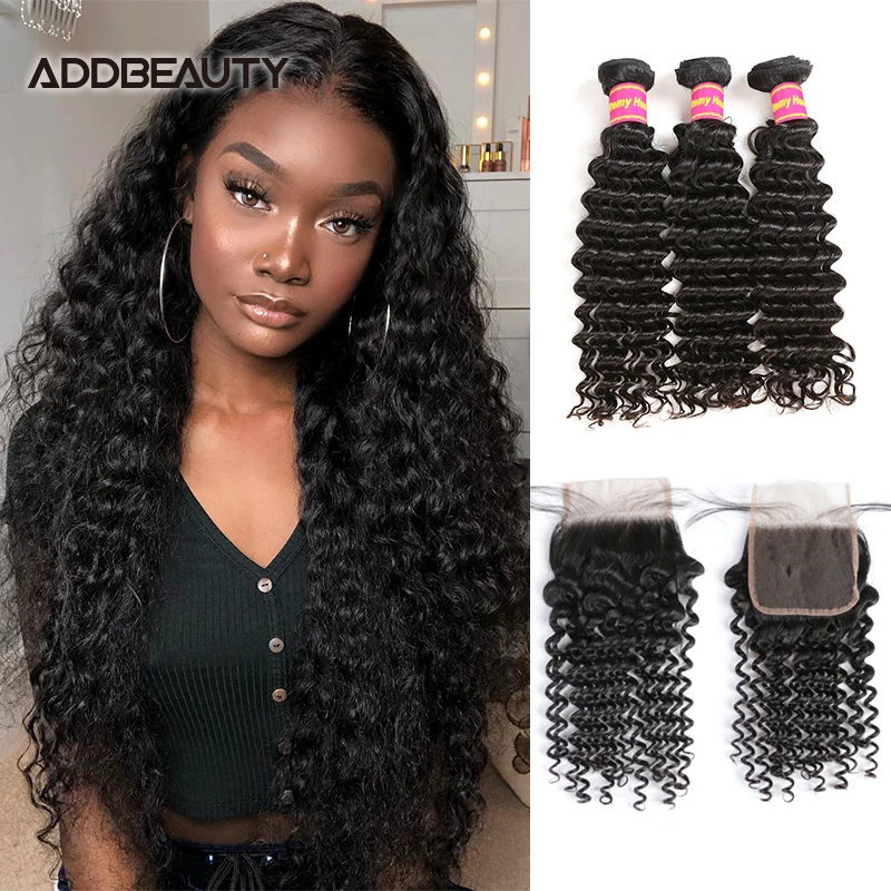 

Addbeauty Deep Wave Human Hair Bundles With 4x4 5x5 Lace Closure Brazilian Human Hair Weave 13x4 HD Lace Frontal Natural Color