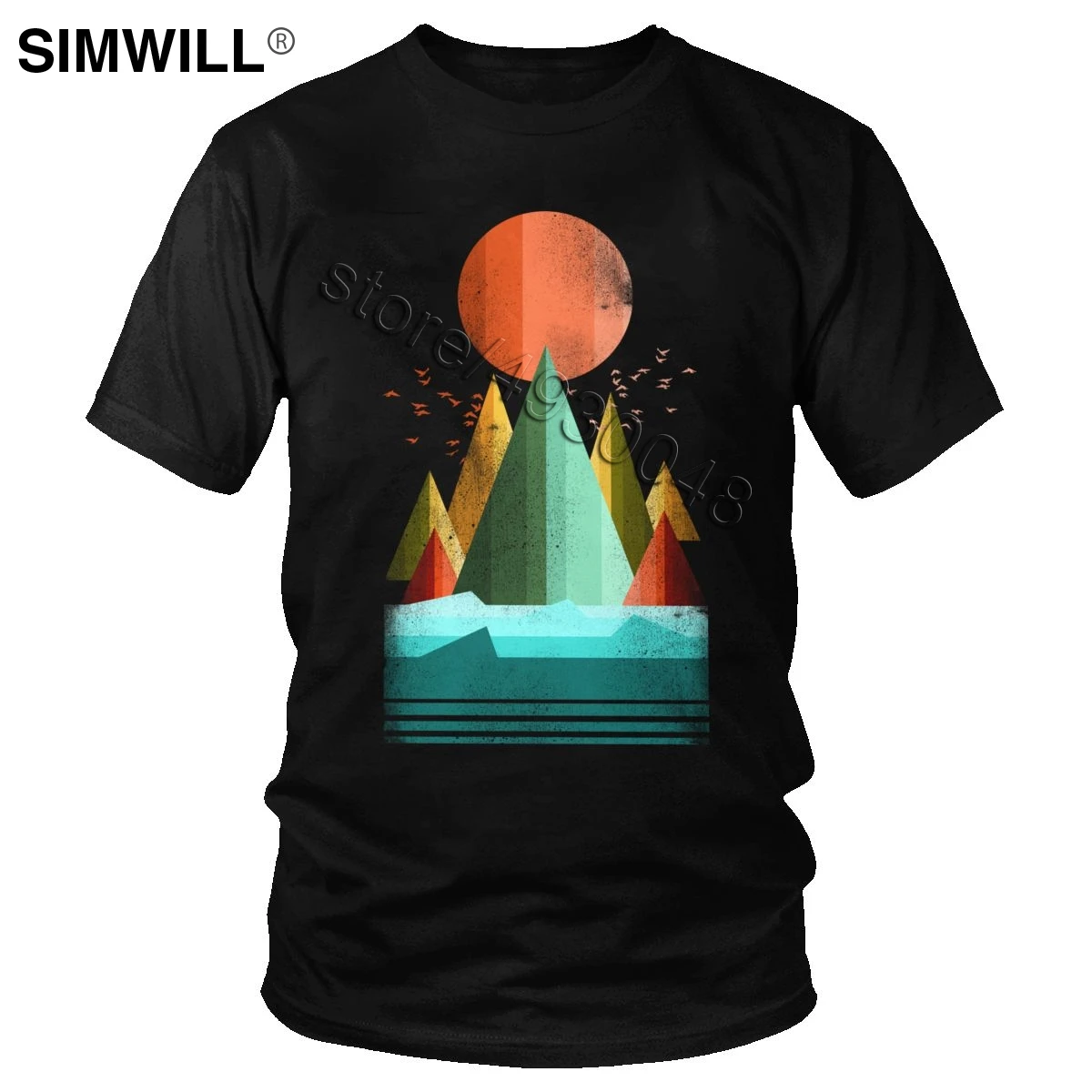 

Geometry Mountain Sunset Tees Men 100% Cotton 70s Streetwear T-Shirt Short Sleeves Round Neck Tshirt Fashion T Shirt Wholesale