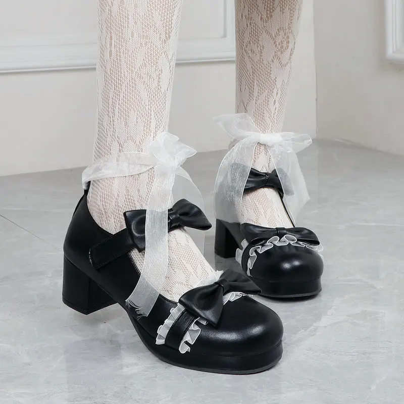 

Lolita Shoes Women Platform Round with Cross Straps Bow Cute Girls Princess Tea Party Shoes Students Lovely Pumps Size 34-45
