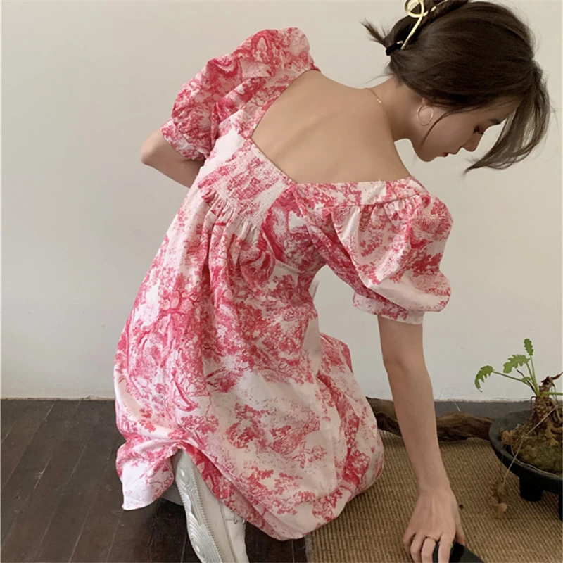 

Summer Puff Sleeve Fairy Dress 2021 Women Vintage Sweet Short Sleeve Floral Dresses Girl Elegant Beach Holiday Wear Y903