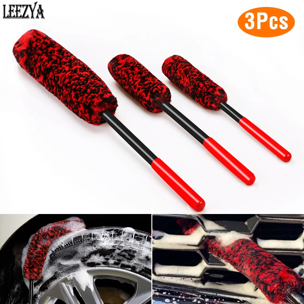 

3Pcs Car Wheel Hub Cleaning Brush Flexible Long Handle Premium Wool Rim Brushes Soft Fiber Motorcycle Auto Tire Cleaning Tools