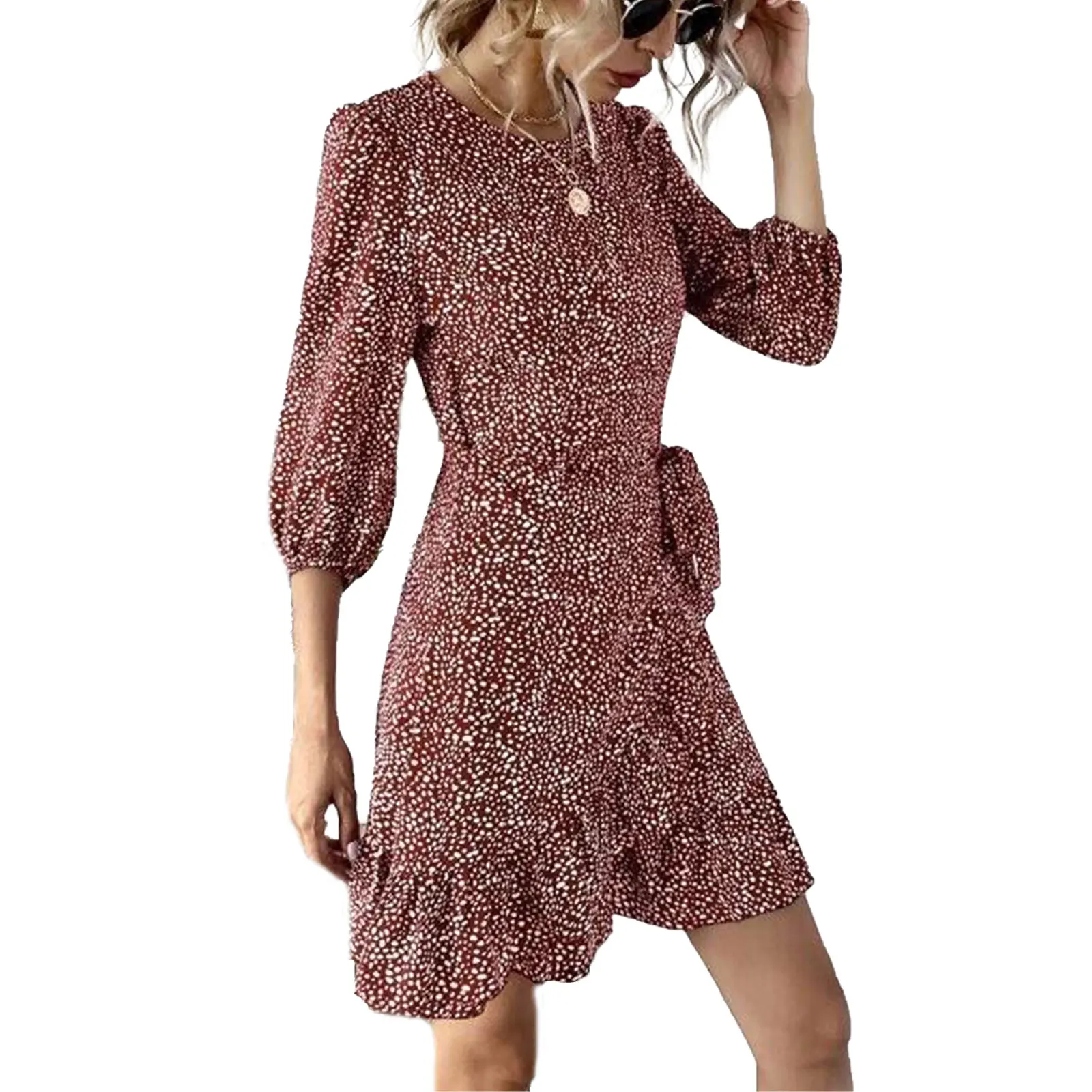 

Women's Dot Printed Dress Elegant Lantern Long Sleeve Ruffled Hem Irregular Derss Retro High Wasit Casual Vestidos Party